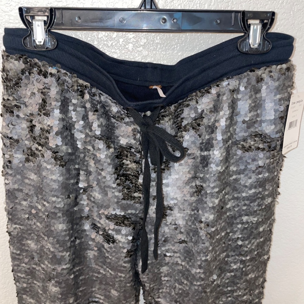 FREE PEOPLE Sequin Party Gunmetal Gray Drawstring Jogger Pants Size S - Picture 5 of 14